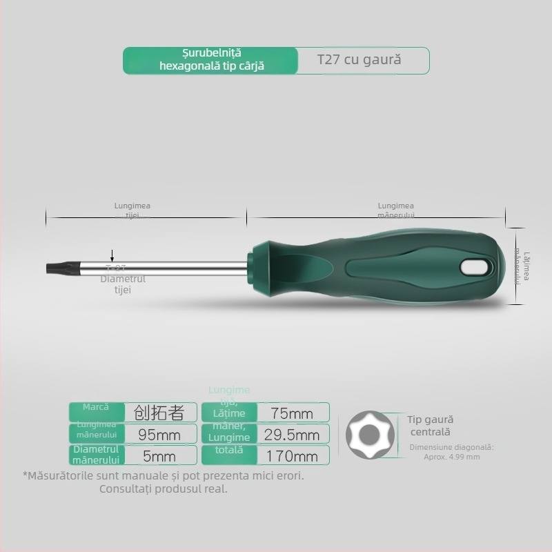 Set șurubelnițe Torx cu tijă extinsă de 40 cm, dimensiuni T5-T30, cu găuri și fără găuri