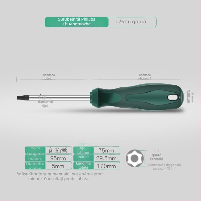 Set șurubelnițe Torx cu tijă extinsă de 40 cm, dimensiuni T5-T30, cu găuri și fără găuri