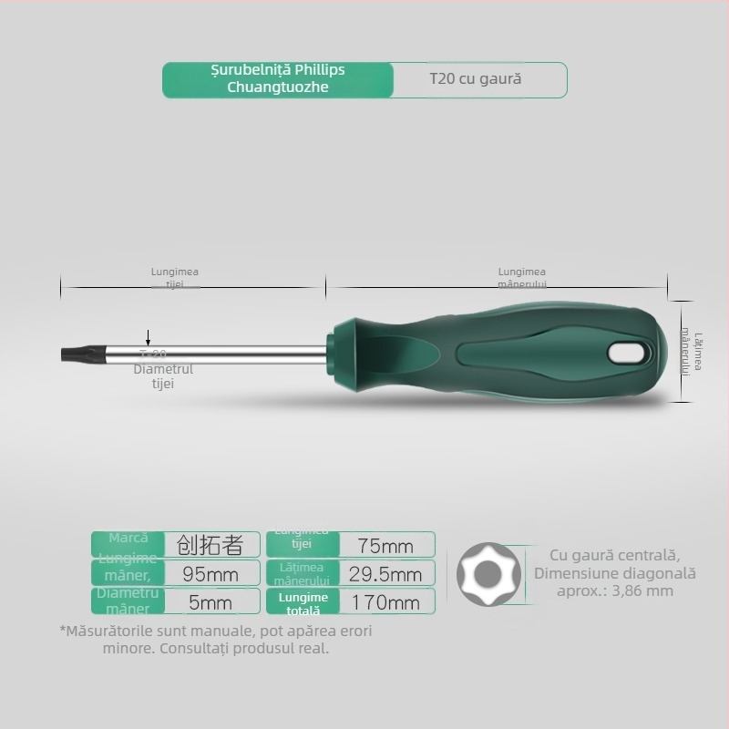 Set șurubelnițe Torx cu tijă extinsă de 40 cm, dimensiuni T5-T30, cu găuri și fără găuri
