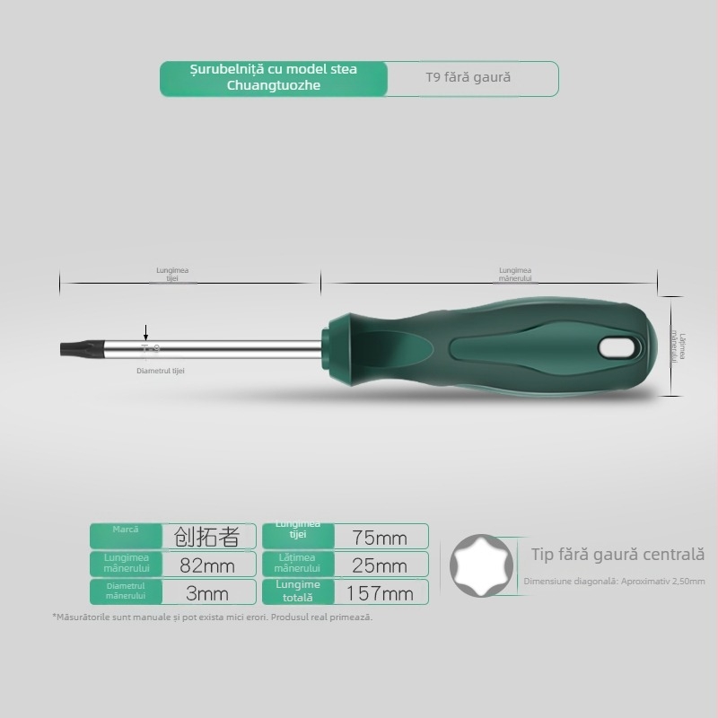 Set șurubelnițe Torx cu tijă extinsă de 40 cm, dimensiuni T5-T30, cu găuri și fără găuri