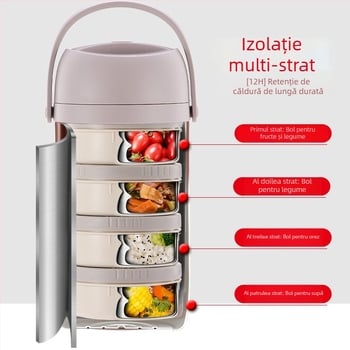 Cutie de prânz izolată, cu capacitate mare, din oțel inoxidabil, cu mai multe straturi, anti-amestecare a aromelor, vas Bento cu mâner pentru elevi