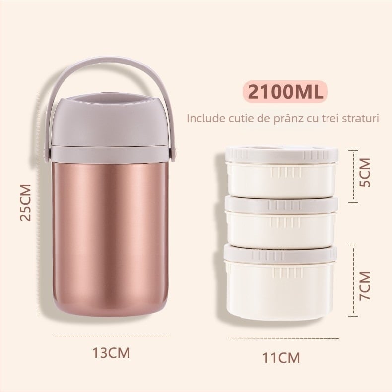 Cutie de prânz izolată, cu capacitate mare, din oțel inoxidabil, cu mai multe straturi, anti-amestecare a aromelor, vas Bento cu mâner pentru elevi
