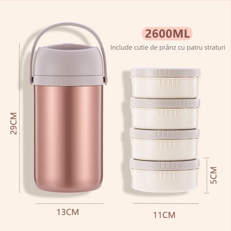 Cutie de prânz izolată, cu capacitate mare, din oțel inoxidabil, cu mai multe straturi, anti-amestecare a aromelor, vas Bento cu mâner pentru elevi
