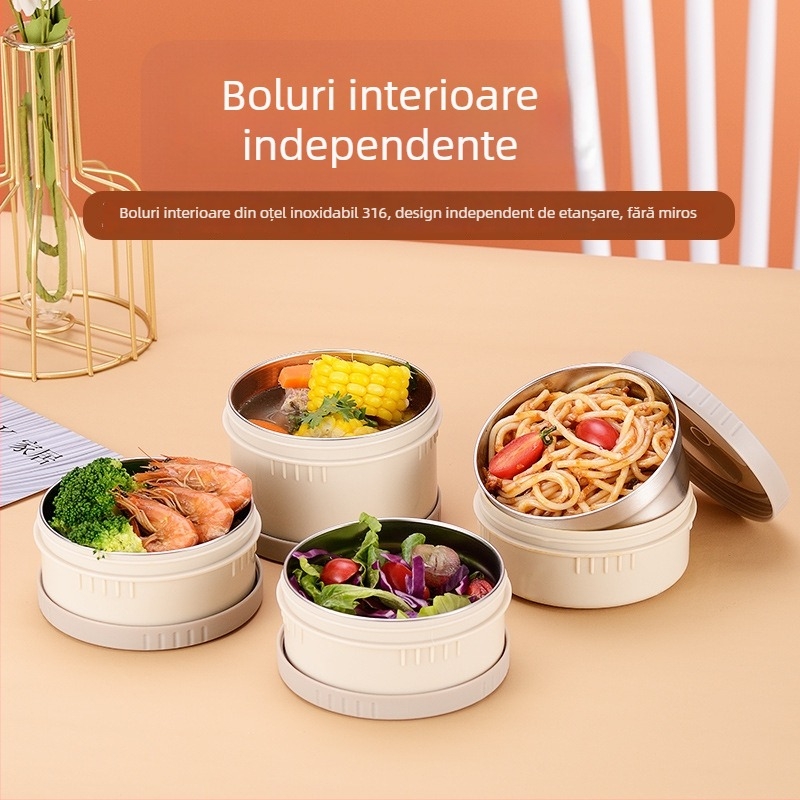Cutie de prânz izolată, cu capacitate mare, din oțel inoxidabil, cu mai multe straturi, anti-amestecare a aromelor, vas Bento cu mâner pentru elevi