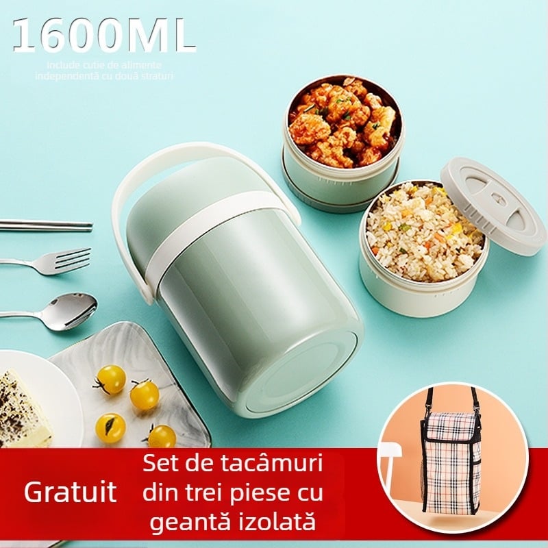 Cutie de prânz izolată, cu capacitate mare, din oțel inoxidabil, cu mai multe straturi, anti-amestecare a aromelor, vas Bento cu mâner pentru elevi