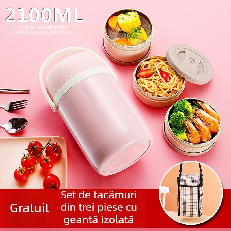 Cutie de prânz izolată, cu capacitate mare, din oțel inoxidabil, cu mai multe straturi, anti-amestecare a aromelor, vas Bento cu mâner pentru elevi