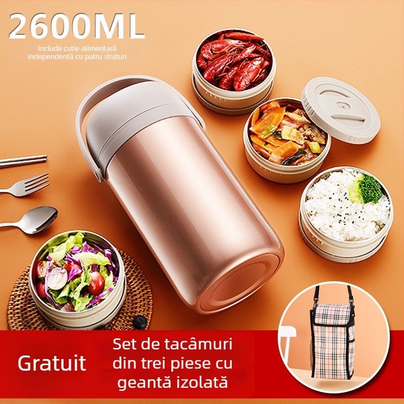 Cutie de prânz izolată, cu capacitate mare, din oțel inoxidabil, cu mai multe straturi, anti-amestecare a aromelor, vas Bento cu mâner pentru elevi