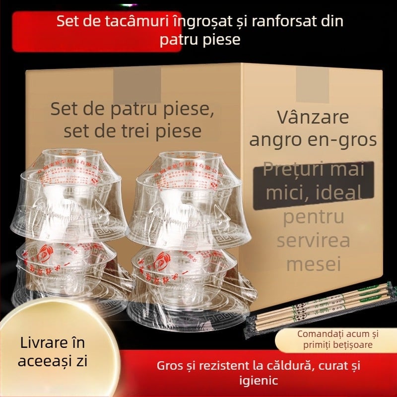 Set de tacâmuri de unică folosință pentru masă: set de patru piese cu boluri și bețișoare, plastic dur îngroșat, de înaltă calitate aeronautică, pentru picnic, grătar și uz casnic