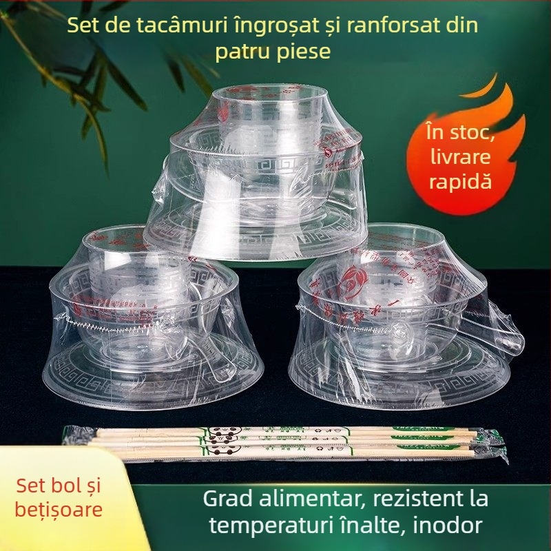 Set de tacâmuri de unică folosință pentru masă: set de patru piese cu boluri și bețișoare, plastic dur îngroșat, de înaltă calitate aeronautică, pentru picnic, grătar și uz casnic