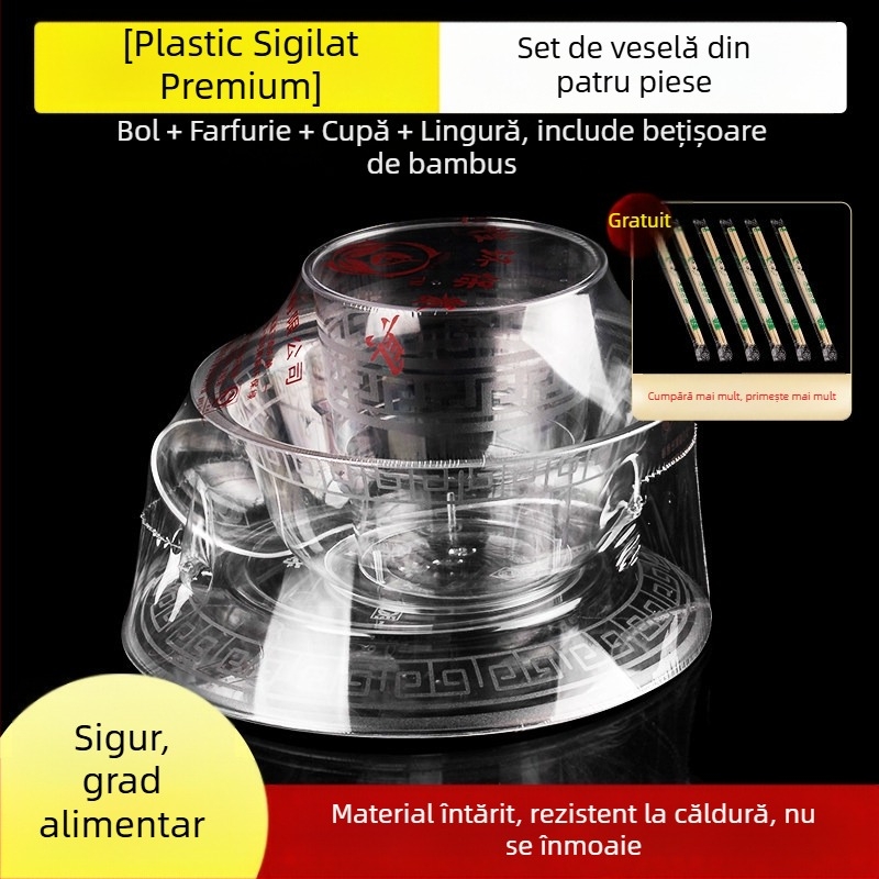 Set de tacâmuri de unică folosință pentru masă: set de patru piese cu boluri și bețișoare, plastic dur îngroșat, de înaltă calitate aeronautică, pentru picnic, grătar și uz casnic