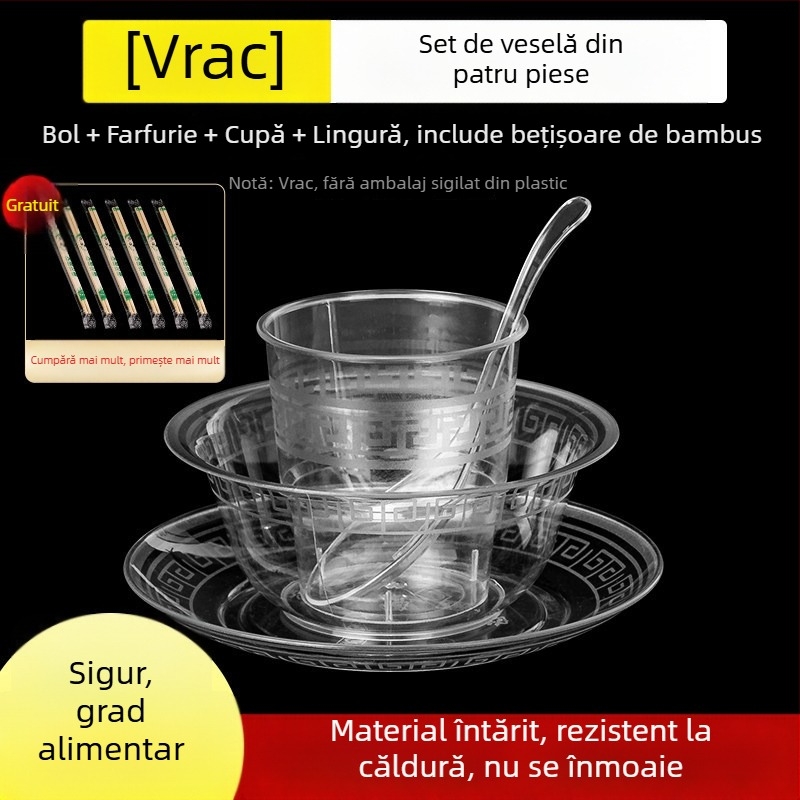 Set de tacâmuri de unică folosință pentru masă: set de patru piese cu boluri și bețișoare, plastic dur îngroșat, de înaltă calitate aeronautică, pentru picnic, grătar și uz casnic