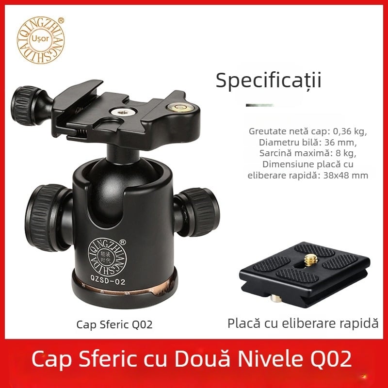 Light age Q02 trepied sferic pan-tilt pentru cameră DSLR, amortizare universală, scară panoramică 360°, profesional