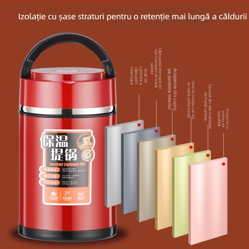 Cutie de prânz izolată din oțel inoxidabil 304 cu mâner, Bento cu mai multe compartimente, capacitate mare, pereți dubli izolați