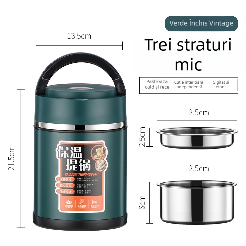 Cutie de prânz izolată din oțel inoxidabil 304 cu mâner, Bento cu mai multe compartimente, capacitate mare, pereți dubli izolați