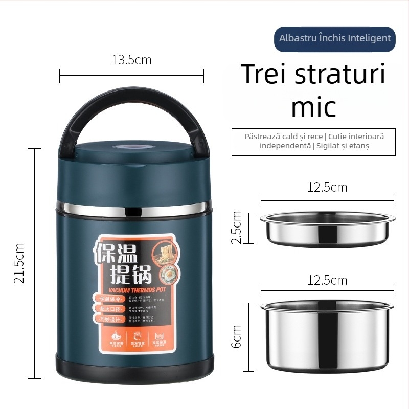 Cutie de prânz izolată din oțel inoxidabil 304 cu mâner, Bento cu mai multe compartimente, capacitate mare, pereți dubli izolați