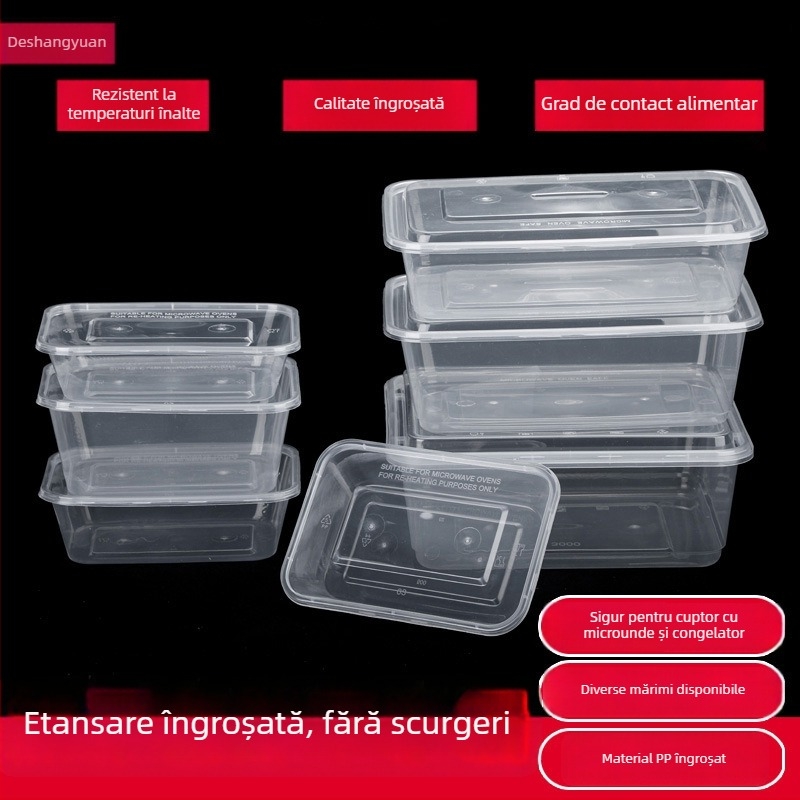 Cutie de prânz de unică folosință, transparentă, dreptunghiulară, cu capac – recipient plastic pentru livrări la pachet