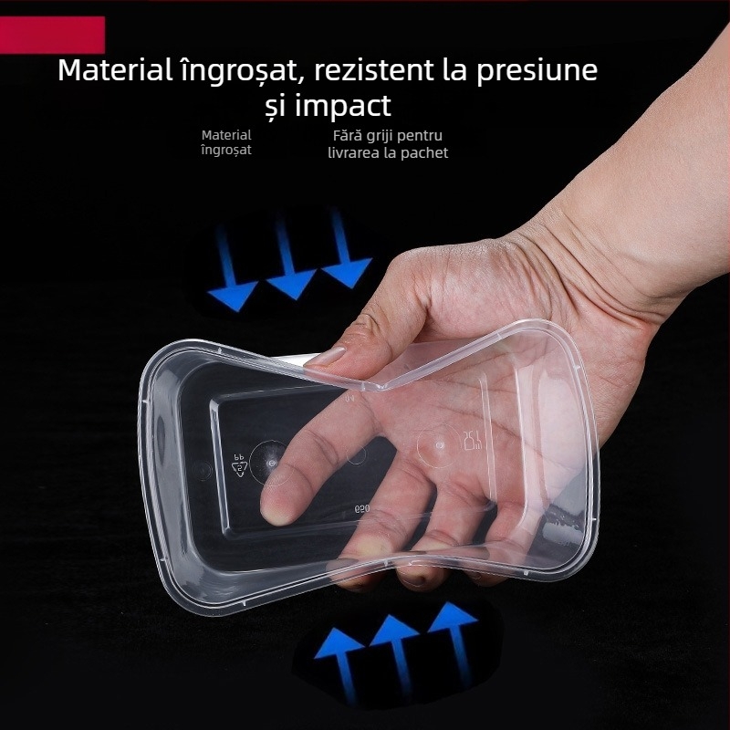 Cutie de prânz de unică folosință, transparentă, dreptunghiulară, cu capac – recipient plastic pentru livrări la pachet