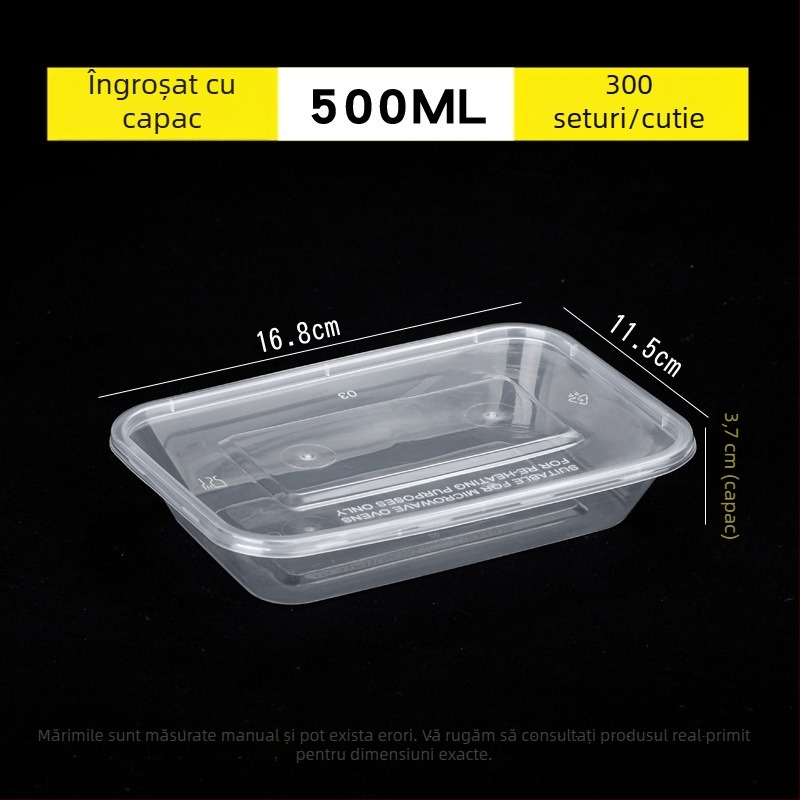 Cutie de prânz de unică folosință, transparentă, dreptunghiulară, cu capac – recipient plastic pentru livrări la pachet