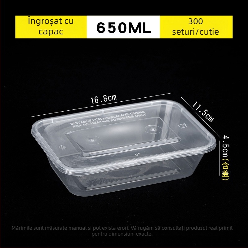 Cutie de prânz de unică folosință, transparentă, dreptunghiulară, cu capac – recipient plastic pentru livrări la pachet