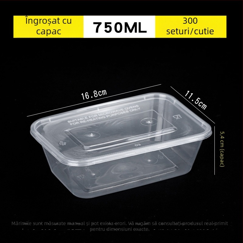 Cutie de prânz de unică folosință, transparentă, dreptunghiulară, cu capac – recipient plastic pentru livrări la pachet