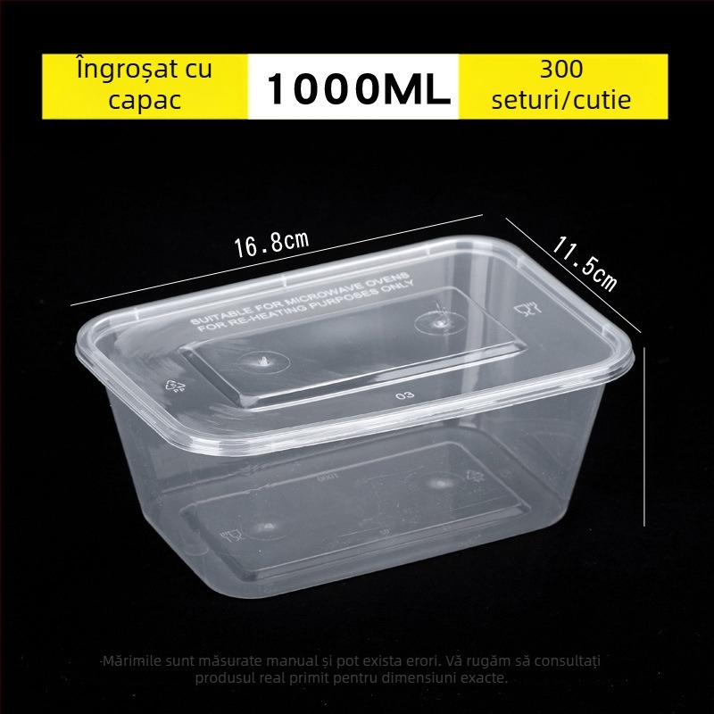 Cutie de prânz de unică folosință, transparentă, dreptunghiulară, cu capac – recipient plastic pentru livrări la pachet