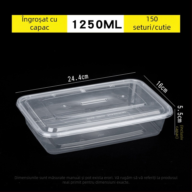 Cutie de prânz de unică folosință, transparentă, dreptunghiulară, cu capac – recipient plastic pentru livrări la pachet