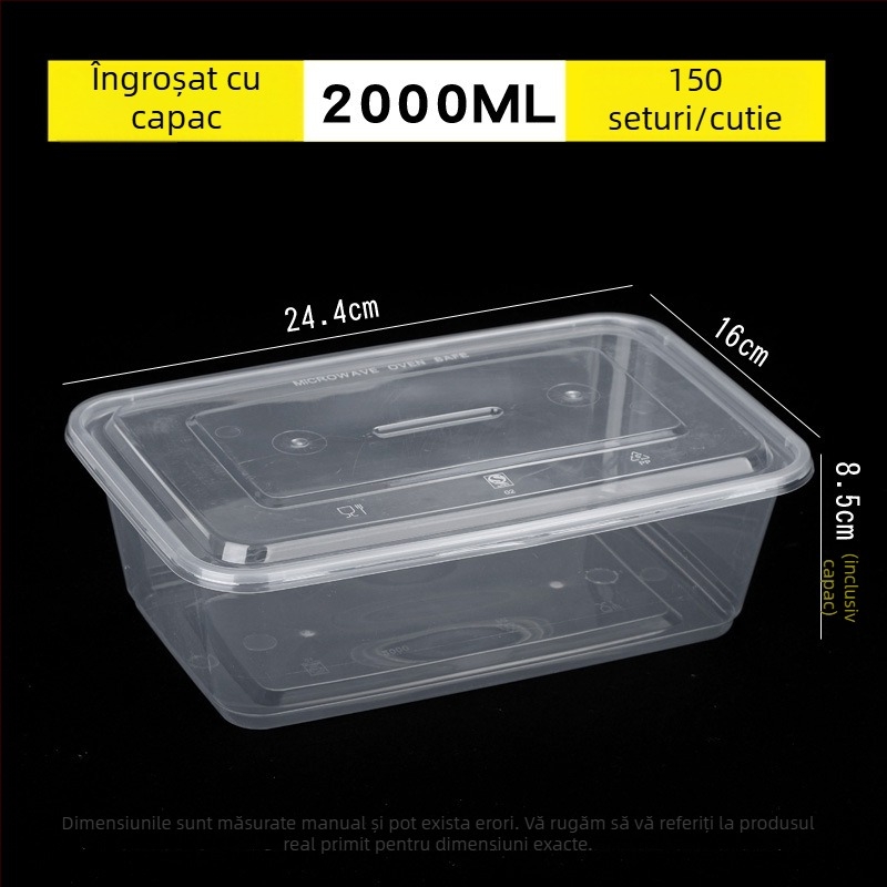 Cutie de prânz de unică folosință, transparentă, dreptunghiulară, cu capac – recipient plastic pentru livrări la pachet