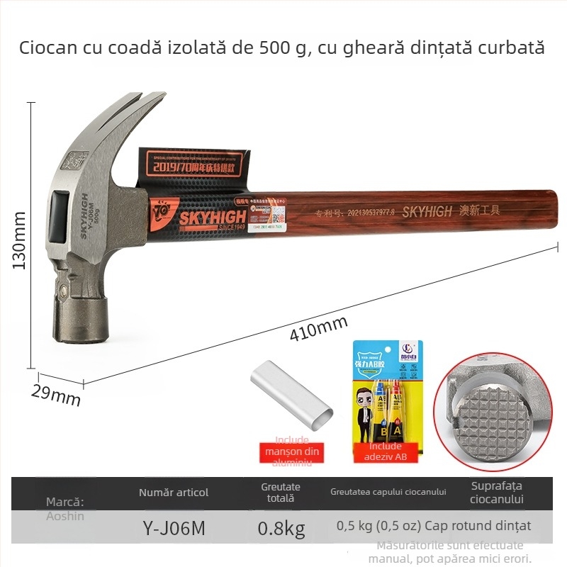 Ciocan pentru tâmplă cu mâner izolat, cap magnetic, din oțel special