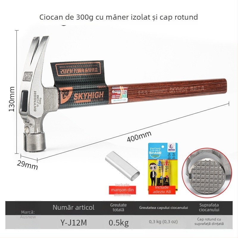 Ciocan pentru tâmplă cu mâner izolat, cap magnetic, din oțel special