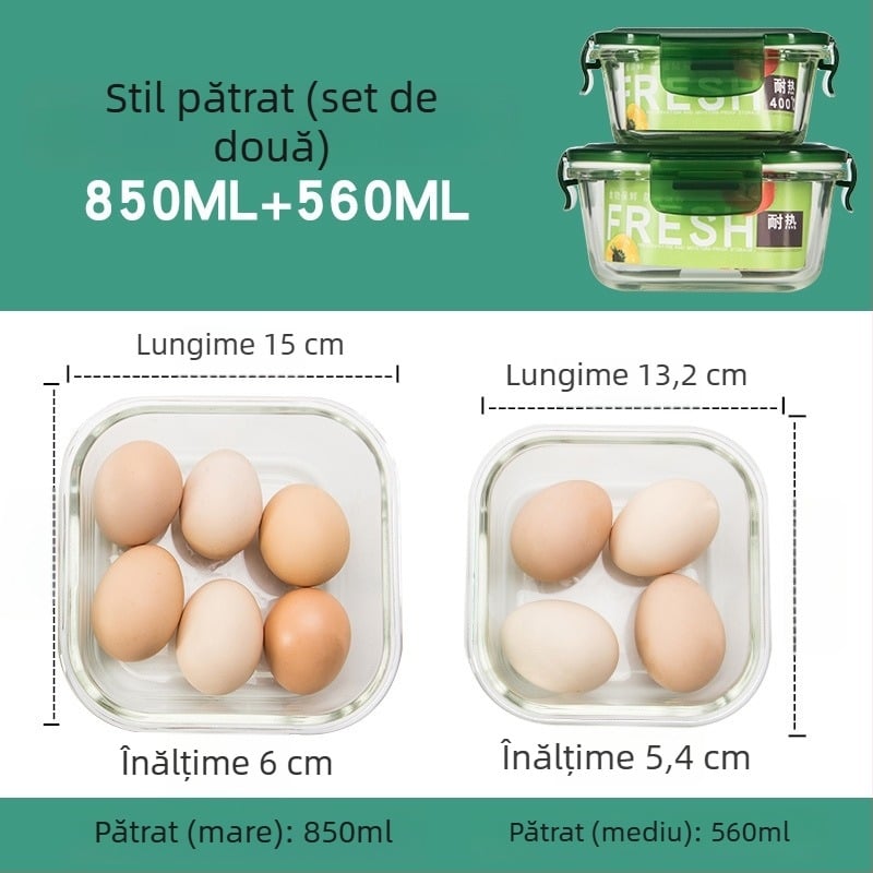 Set de 2 caserole din sticlă pentru prânz, compatibile cu cuptorul cu microunde, cu compartimente, etanșe, sticlă borosilicat rezistentă la căldură