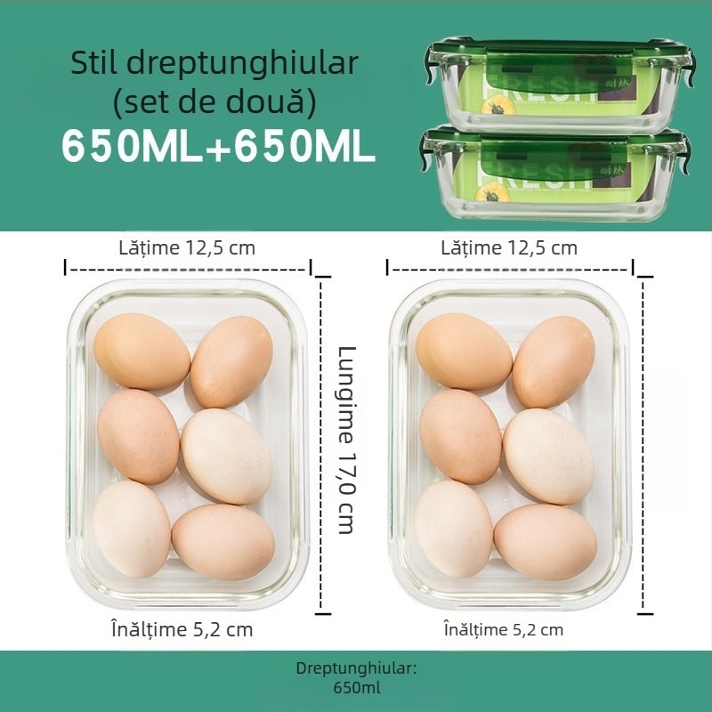Set de 2 caserole din sticlă pentru prânz, compatibile cu cuptorul cu microunde, cu compartimente, etanșe, sticlă borosilicat rezistentă la căldură