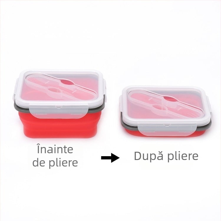 Cutie pliabilă din silicon pentru prânz, cu lingură, compartiment unic, compatibilă cu microunde, portabilă pentru picnic în aer liber, izolată