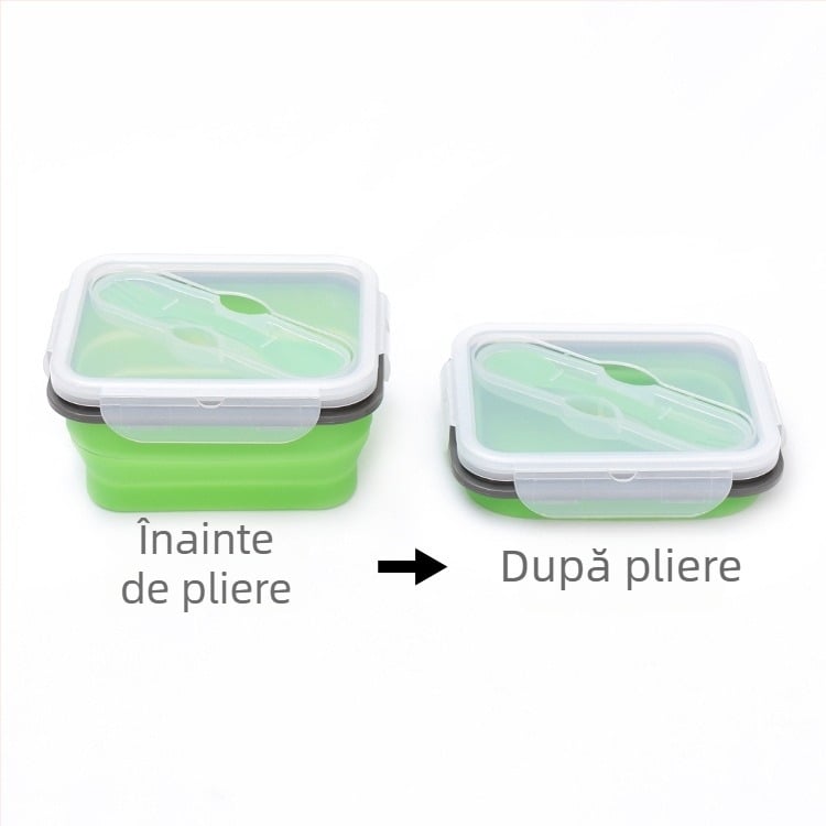 Cutie pliabilă din silicon pentru prânz, cu lingură, compartiment unic, compatibilă cu microunde, portabilă pentru picnic în aer liber, izolată