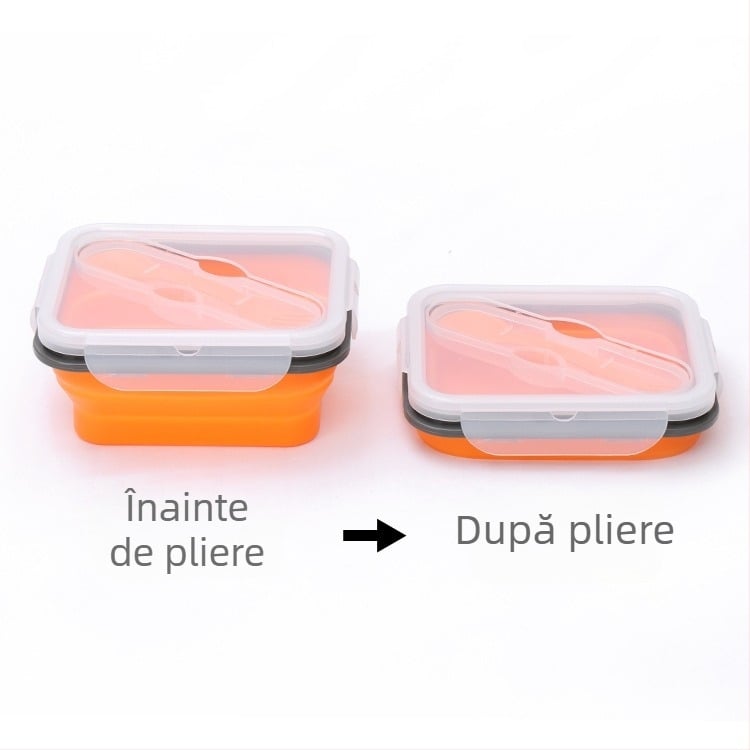 Cutie pliabilă din silicon pentru prânz, cu lingură, compartiment unic, compatibilă cu microunde, portabilă pentru picnic în aer liber, izolată
