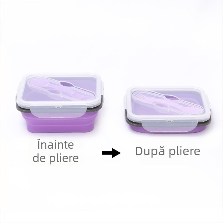 Cutie pliabilă din silicon pentru prânz, cu lingură, compartiment unic, compatibilă cu microunde, portabilă pentru picnic în aer liber, izolată