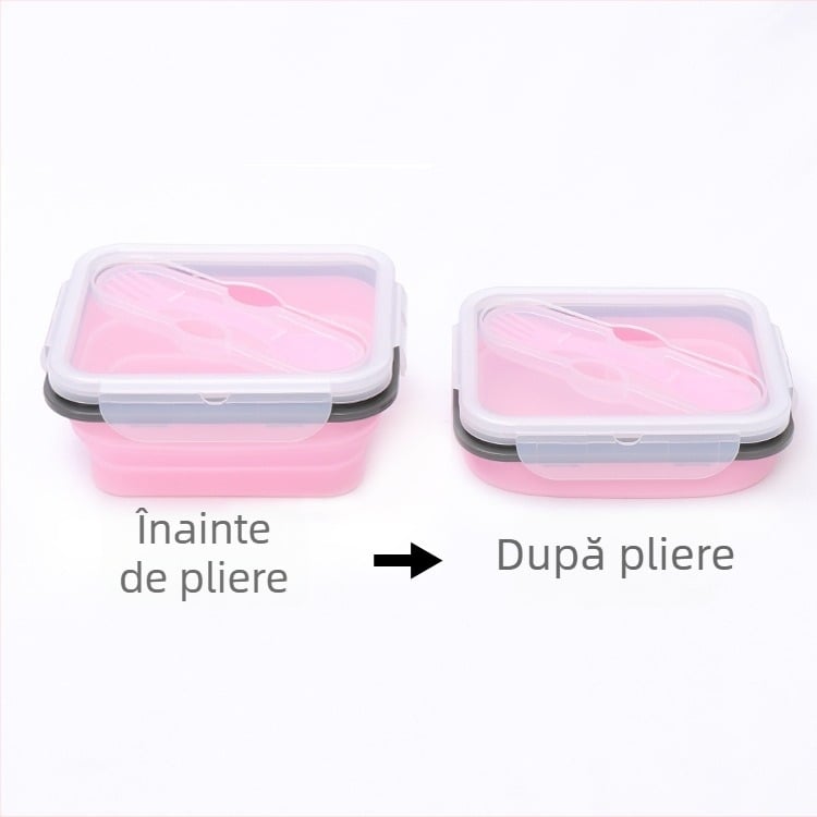 Cutie pliabilă din silicon pentru prânz, cu lingură, compartiment unic, compatibilă cu microunde, portabilă pentru picnic în aer liber, izolată