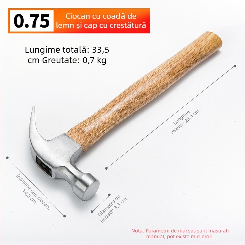 Ciocan cu gheară, mâner din lemn – ciocan multifuncțional pentru cuie și tâmplă