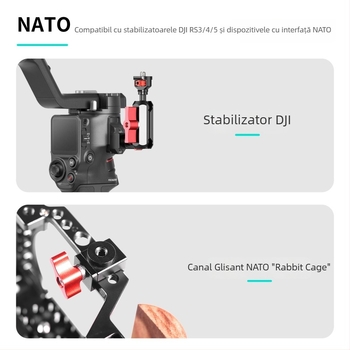 Cage DSLR cu montaj universal de 1/4 inch, clemă pentru șină NATO și adaptor de șină pentru stabilizatoare DJI RS5/RS4