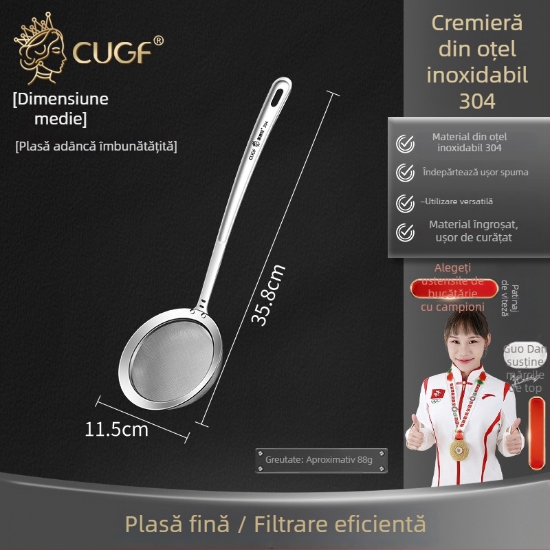 Lingură din oțel inoxidabil 304 pentru îndepărtarea spumei, cu sită de filtrare și separator de ulei