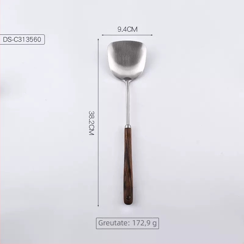 Set de ustensile de bucătărie din oțel inoxidabil 304, cu mâner din lemn, spatule pentru prăjit, spatulă pentru ciuperci, lingură cu găuri și lingură de supă