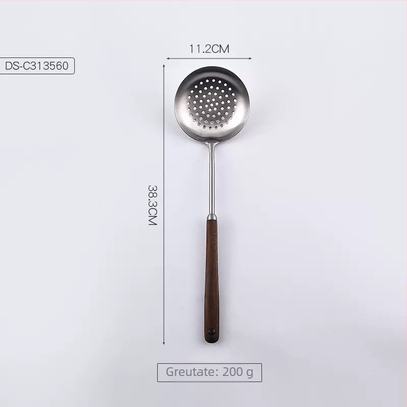 Set de ustensile de bucătărie din oțel inoxidabil 304, cu mâner din lemn, spatule pentru prăjit, spatulă pentru ciuperci, lingură cu găuri și lingură de supă