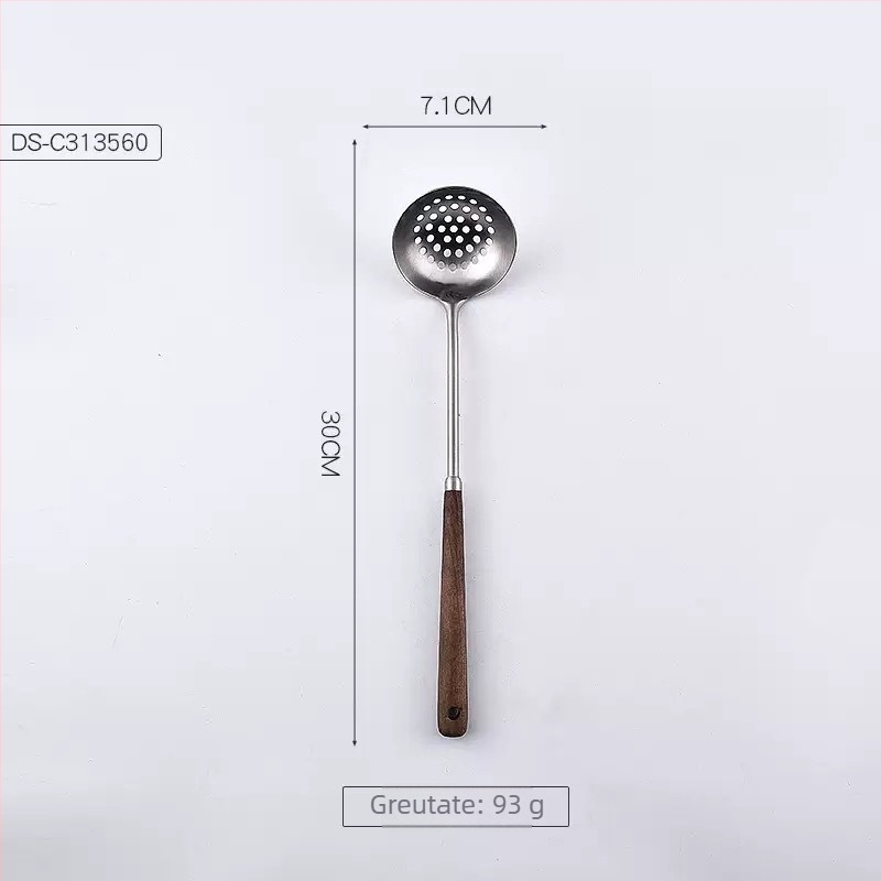 Set de ustensile de bucătărie din oțel inoxidabil 304, cu mâner din lemn, spatule pentru prăjit, spatulă pentru ciuperci, lingură cu găuri și lingură de supă