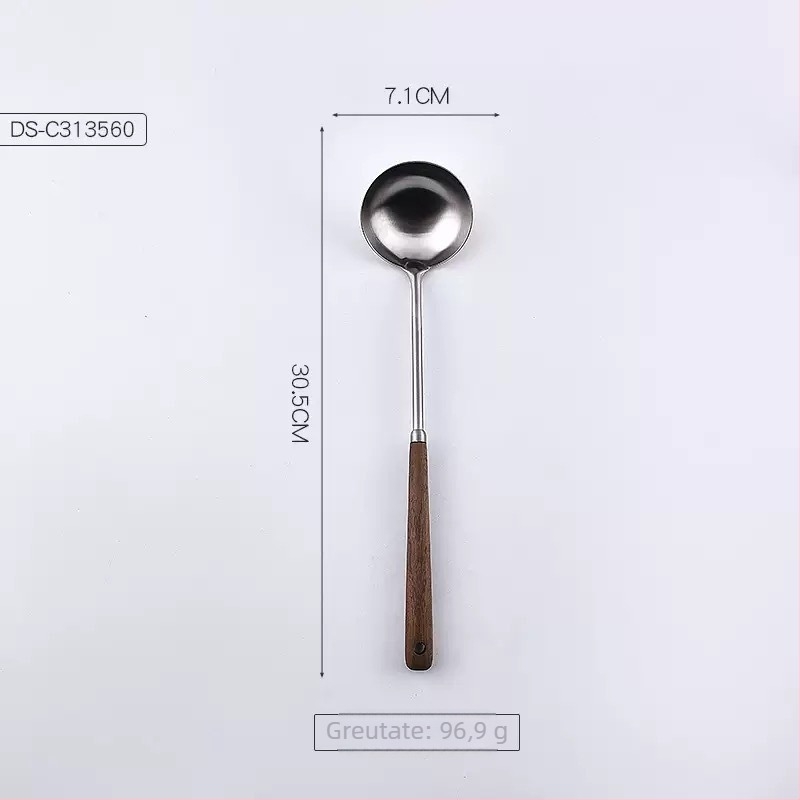 Set de ustensile de bucătărie din oțel inoxidabil 304, cu mâner din lemn, spatule pentru prăjit, spatulă pentru ciuperci, lingură cu găuri și lingură de supă