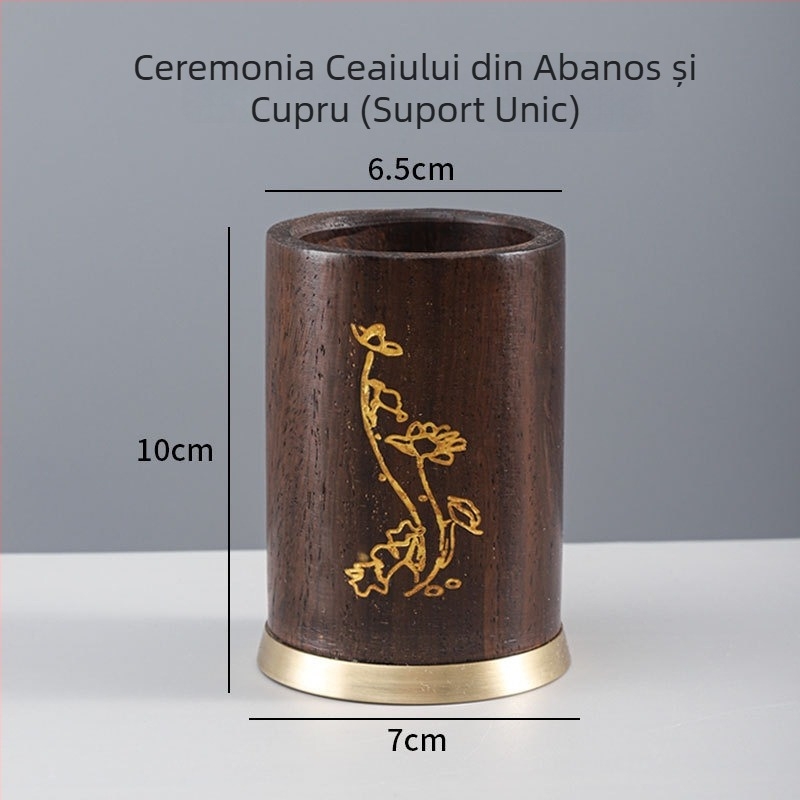 Set cu șase unelte de ceai pentru ceremonia Kung Fu — ceașcă din lemn, furculiță de ceai, cuțit de ceai, clips de ceai, linguriță de ceai și stilou de întreținere a ceaiului