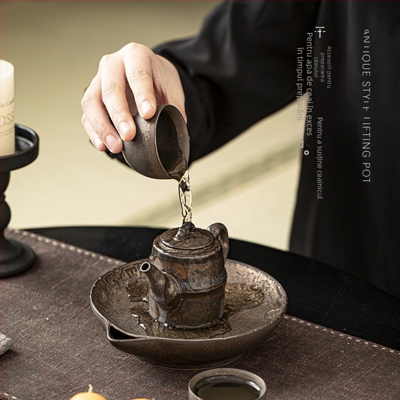 Set ceramic pentru ceremonia ceaiului în stil Zen, inspirat de wabi-sabi: suport pentru ceainic, tavă de servire ceai, recipient pentru depozitarea apei și plăcuță pentru infuzare uscată