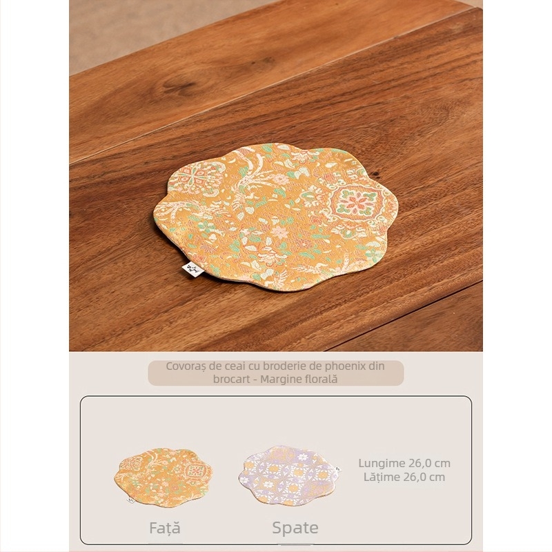Covoraș de masă pentru ceai, dreptunghiular, broderie brocart auriu cu doi fenix, gros, izolație termică pentru ceai și suport pentru ceainic, accesorii textile