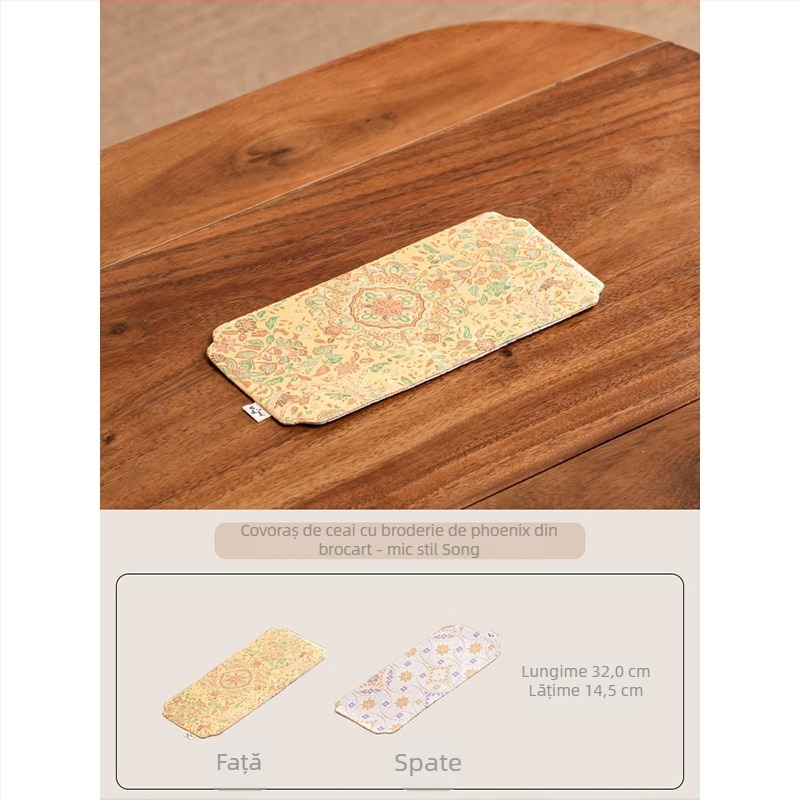 Covoraș de masă pentru ceai, dreptunghiular, broderie brocart auriu cu doi fenix, gros, izolație termică pentru ceai și suport pentru ceainic, accesorii textile