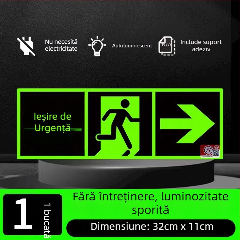 Semn de ieșire de urgență 3C auto-iluminat, cu lumină fluorescentă de noapte, autocolant de perete pentru evacuare