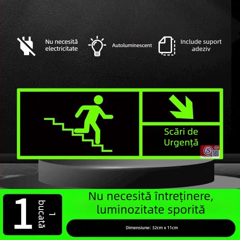 Semn de ieșire de urgență 3C auto-iluminat, cu lumină fluorescentă de noapte, autocolant de perete pentru evacuare