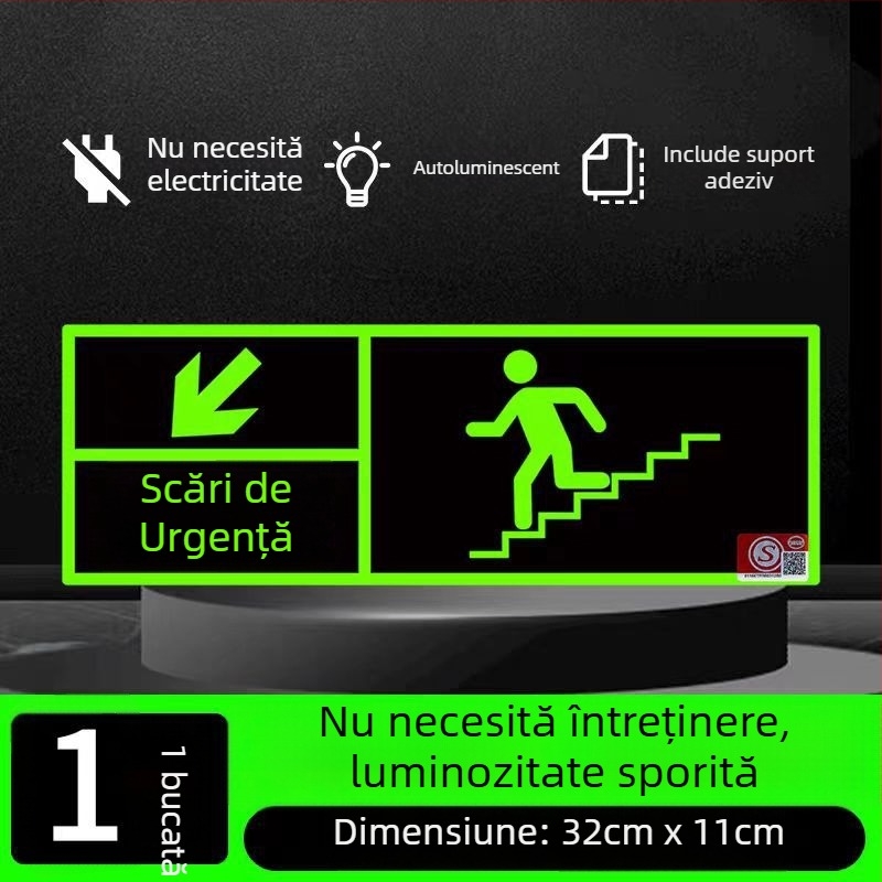 Semn de ieșire de urgență 3C auto-iluminat, cu lumină fluorescentă de noapte, autocolant de perete pentru evacuare